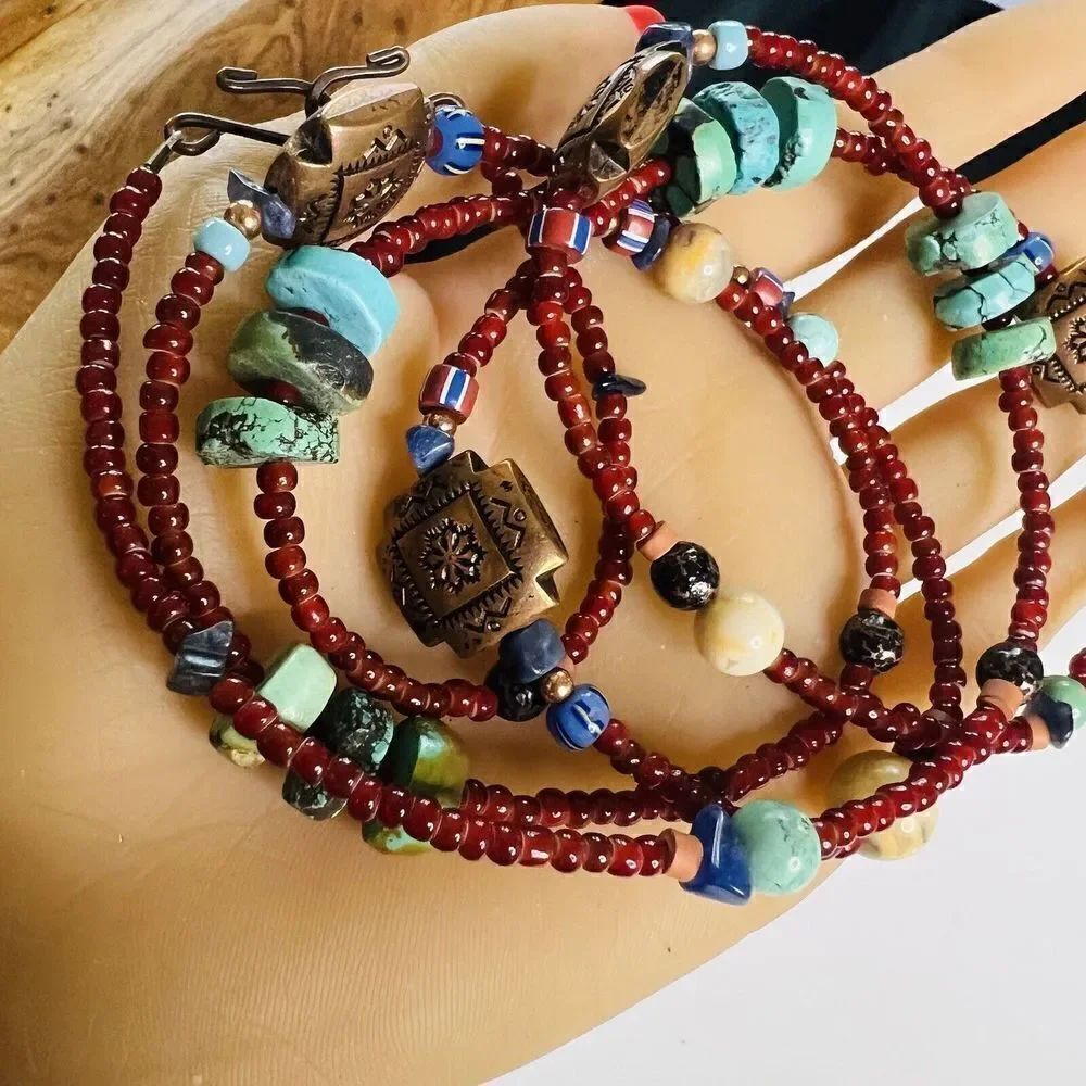 Vintage Beaded Necklace Natural Stone Aztec Cross Beads Red Turquoise Blue 1504